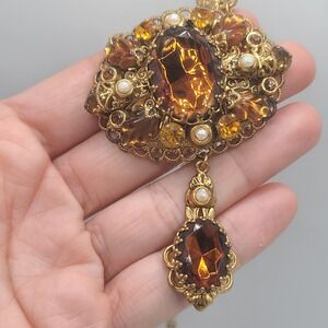 Vintage Western Germany Necklace Orange Rhinestone Faux Pearl Gold Tone 22"